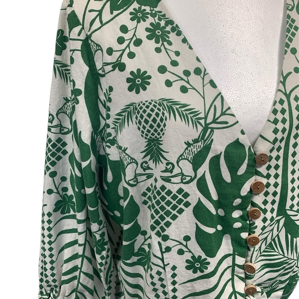 Maison d'Amélie Anthropology Blouse Linen 3/4 Sleeve Boho Resort Green/White L - Picture 4 of 11